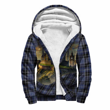 Clark (Clarke) Tartan Family Crest Sherpa Hoodie with Scottish Ancient Castle Style