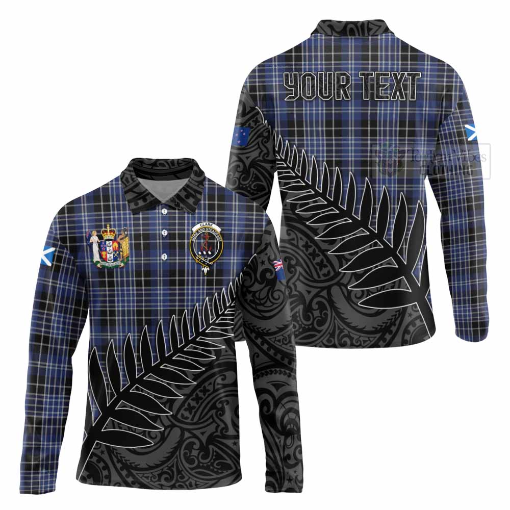 Tartan Vibes Clothing Clark (Clarke) Crest Tartan Long Sleeve Polo Shirt with New Zealand Silver Fern Half Style