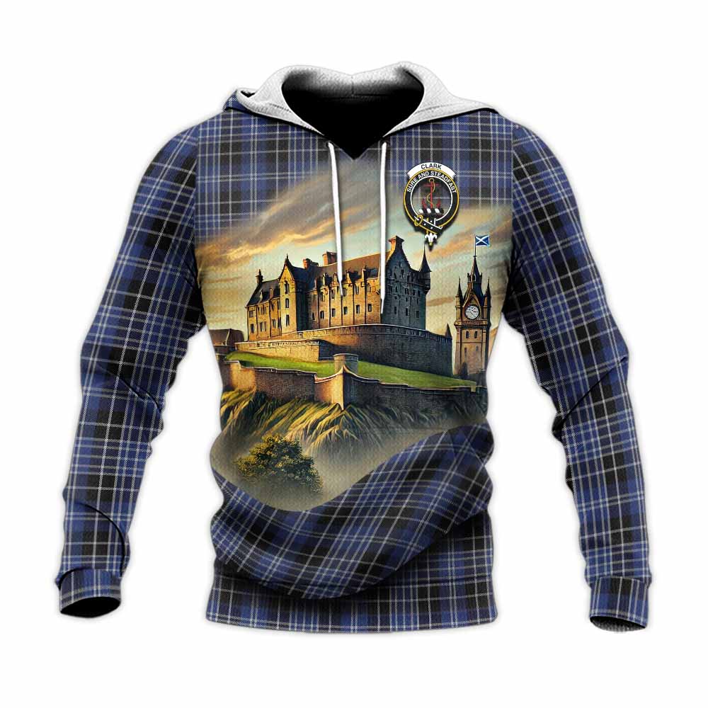 Tartan Vibes Clothing Clark (Clarke) Tartan Family Crest Knitted Hoodie with Scottish Ancient Castle Style