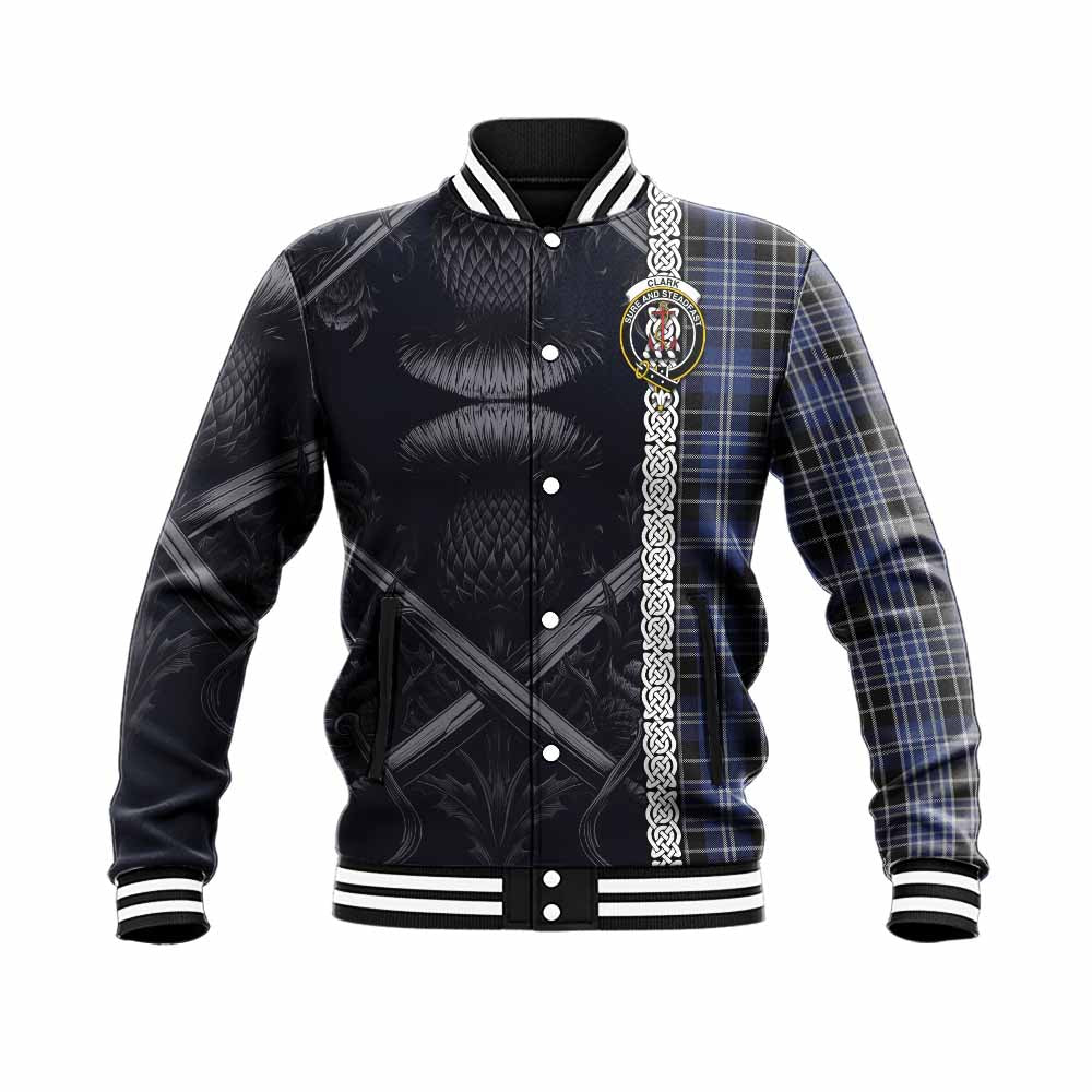 Tartan Vibes Clothing Clark (Clarke) Tartan Baseball Jacket with Family Crest Cross Sword Thistle Celtic Vibes