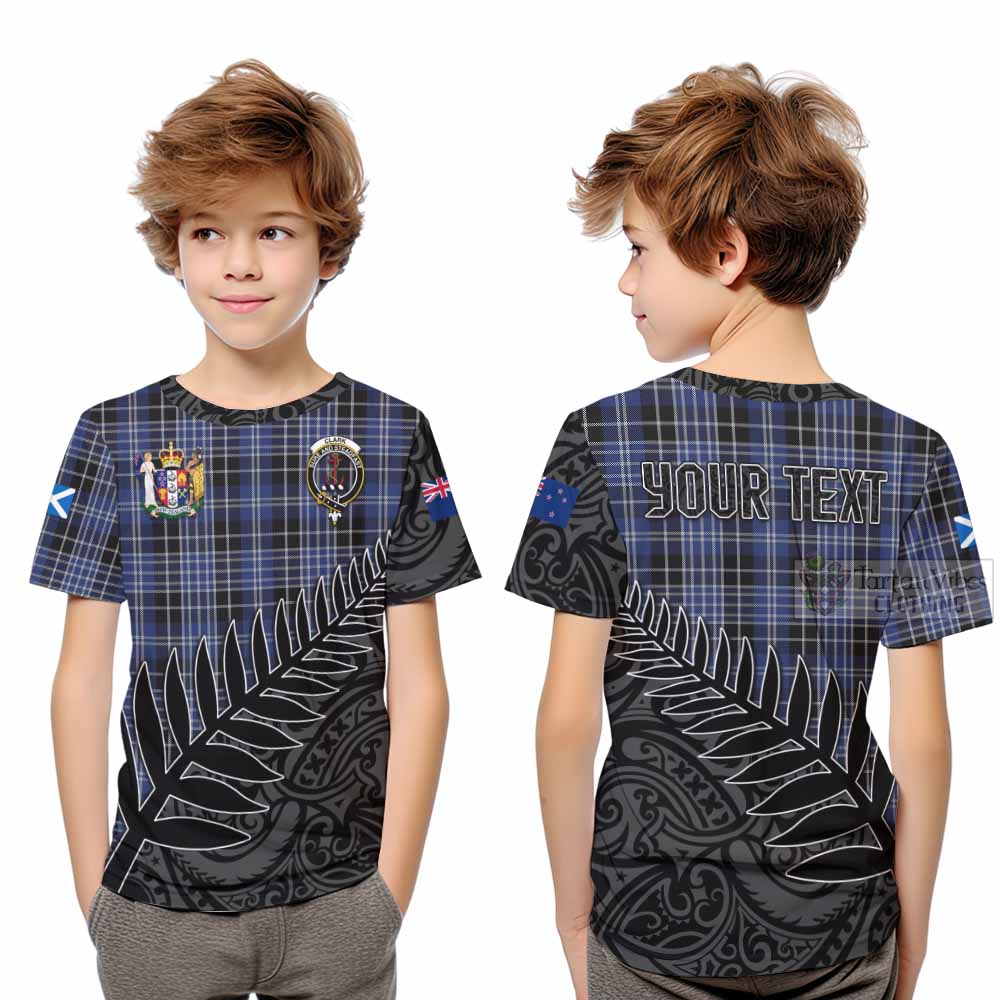 Tartan Vibes Clothing Clark (Clarke) Crest Tartan Kid T-Shirt with New Zealand Silver Fern Half Style