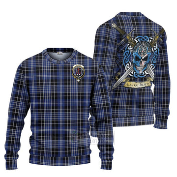 Tartan Vibes Clothing Clark (Clarke) Tartan Knitted Sweater with Family Crest Celtic Skull Style