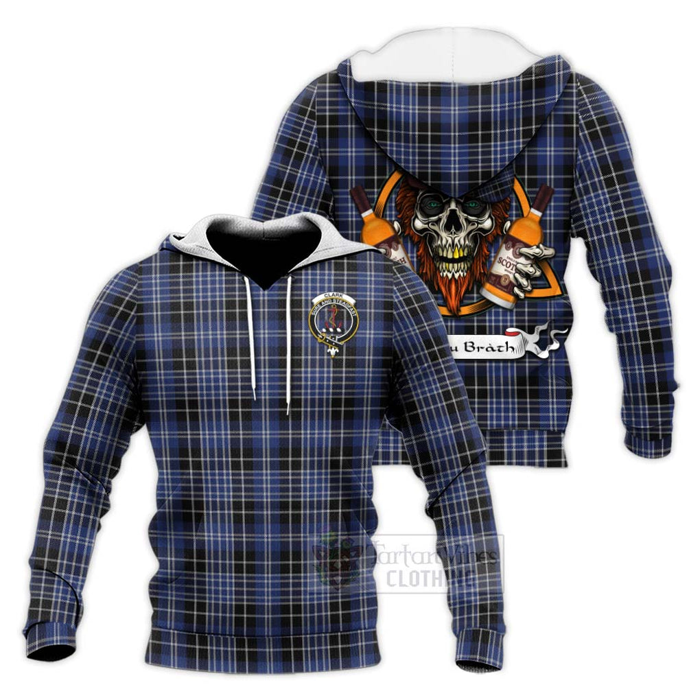 Tartan Vibes Clothing Clark (Clarke) Tartan Knitted Hoodie with Family Crest and Bearded Skull Holding Bottles of Whiskey
