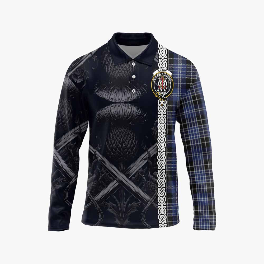 Tartan Vibes Clothing Clark (Clarke) Tartan Long Sleeve Polo Shirt with Family Crest Cross Sword Thistle Celtic Vibes