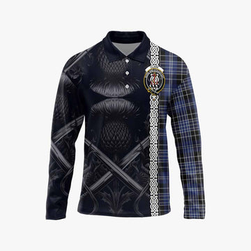 Tartan Vibes Clothing Clark (Clarke) Tartan Long Sleeve Polo Shirt with Family Crest Cross Sword Thistle Celtic Vibes
