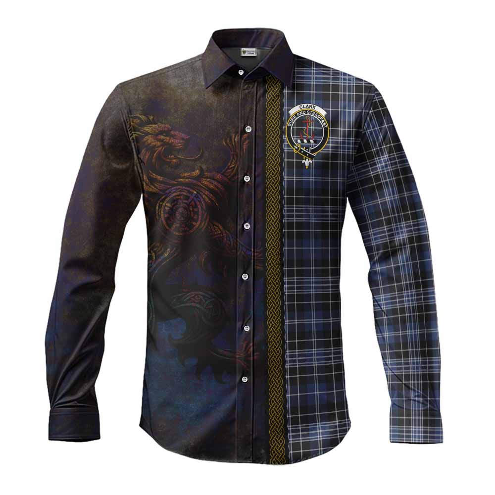 Tartan Vibes Clothing Clark (Clarke) Tartan Family Crest Long Sleeve Button Shirt Alba Gu Brath Be Brave Lion Ancient Style