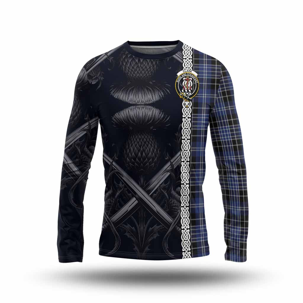 Tartan Vibes Clothing Clark (Clarke) Tartan Long Sleeve T-Shirt with Family Crest Cross Sword Thistle Celtic Vibes