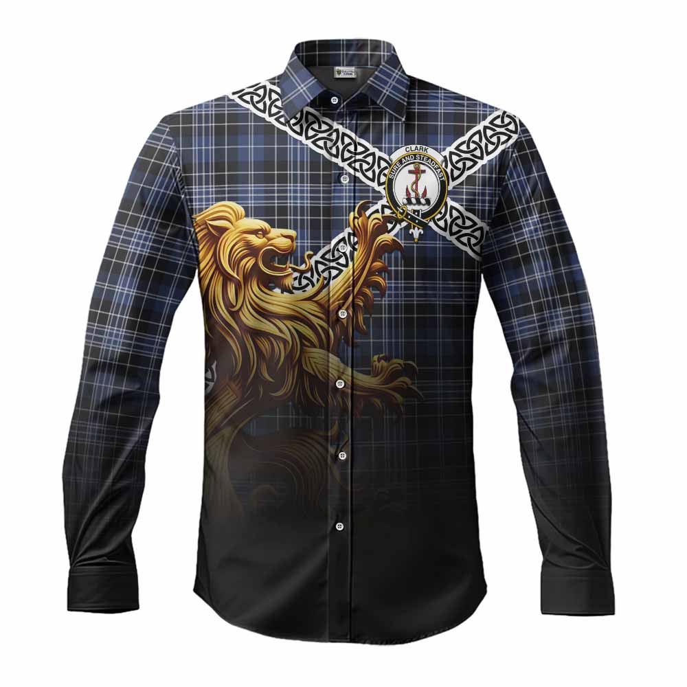 Tartan Vibes Clothing Clark (Clarke) Crest Tartan Long Sleeve Button Shirt with Golden Lion Emblem Celtic Style