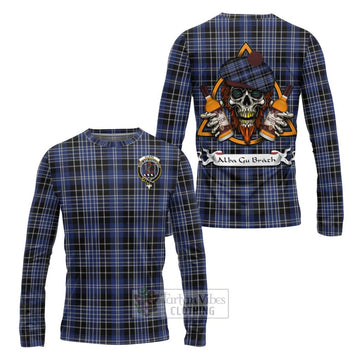 Tartan Vibes Clothing Clark (Clarke) Tartan Long Sleeve T-Shirt with Family Crest and Bearded Skull Holding Bottles of Whiskey