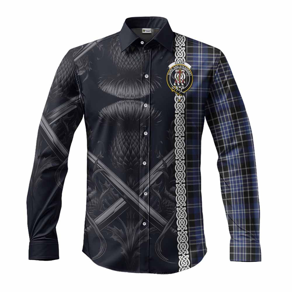 Tartan Vibes Clothing Clark (Clarke) Tartan Long Sleeve Button Shirt with Family Crest Cross Sword Thistle Celtic Vibes