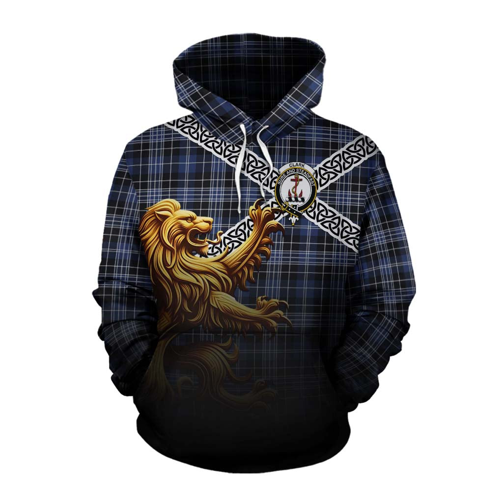 Tartan Vibes Clothing Clark (Clarke) Crest Tartan Cotton Hoodie with Golden Lion Emblem Celtic Style