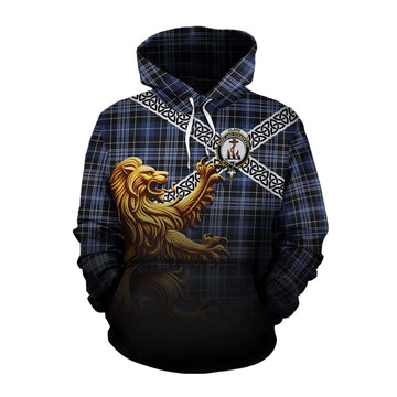 Clark (Clarke) Crest Tartan Cotton Hoodie with Golden Lion Emblem Celtic Style