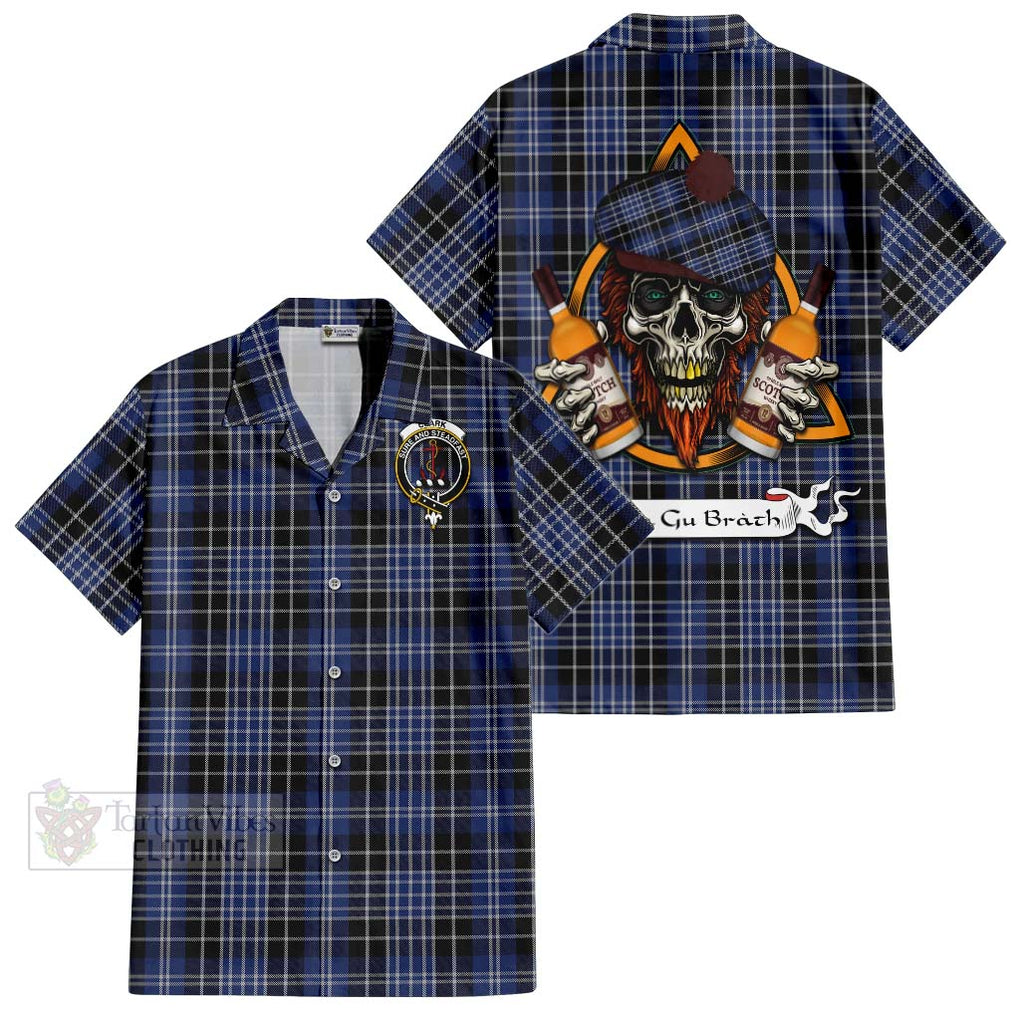 Tartan Vibes Clothing Clark (Clarke) Tartan Short Sleeve Button Shirt with Family Crest and Bearded Skull Holding Bottles of Whiskey
