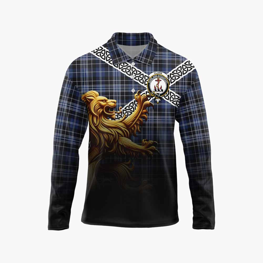 Tartan Vibes Clothing Clark (Clarke) Crest Tartan Long Sleeve Polo Shirt with Golden Lion Emblem Celtic Style