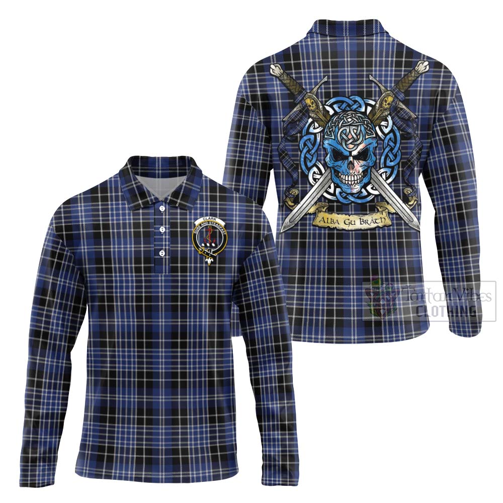Tartan Vibes Clothing Clark (Clarke) Tartan Long Sleeve Polo Shirt with Family Crest Celtic Skull Style