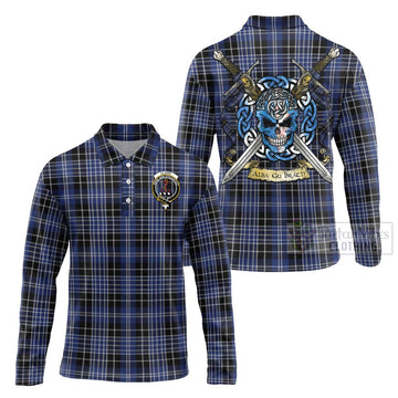 Tartan Vibes Clothing Clark (Clarke) Tartan Long Sleeve Polo Shirt with Family Crest Celtic Skull Style