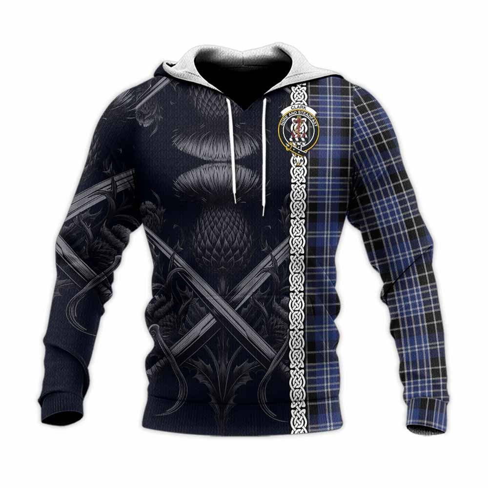 Tartan Vibes Clothing Clark (Clarke) Tartan Knitted Hoodie with Family Crest Cross Sword Thistle Celtic Vibes