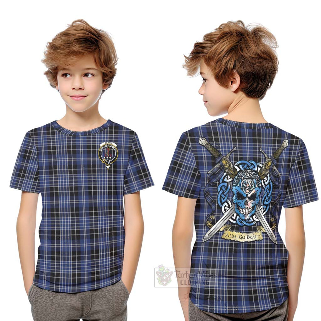 Tartan Vibes Clothing Clark (Clarke) Tartan Kid T-Shirt with Family Crest Celtic Skull Style