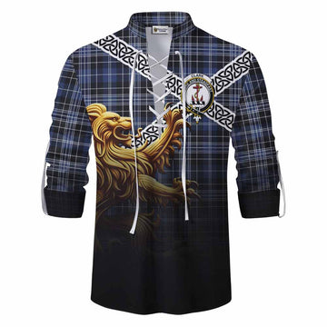 Clark (Clarke) Crest Tartan Ghillie Kilt Shirt with Golden Lion Emblem Celtic Style
