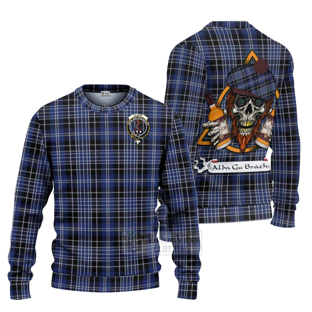 Tartan Vibes Clothing Clark (Clarke) Tartan Knitted Sweater with Family Crest and Bearded Skull Holding Bottles of Whiskey