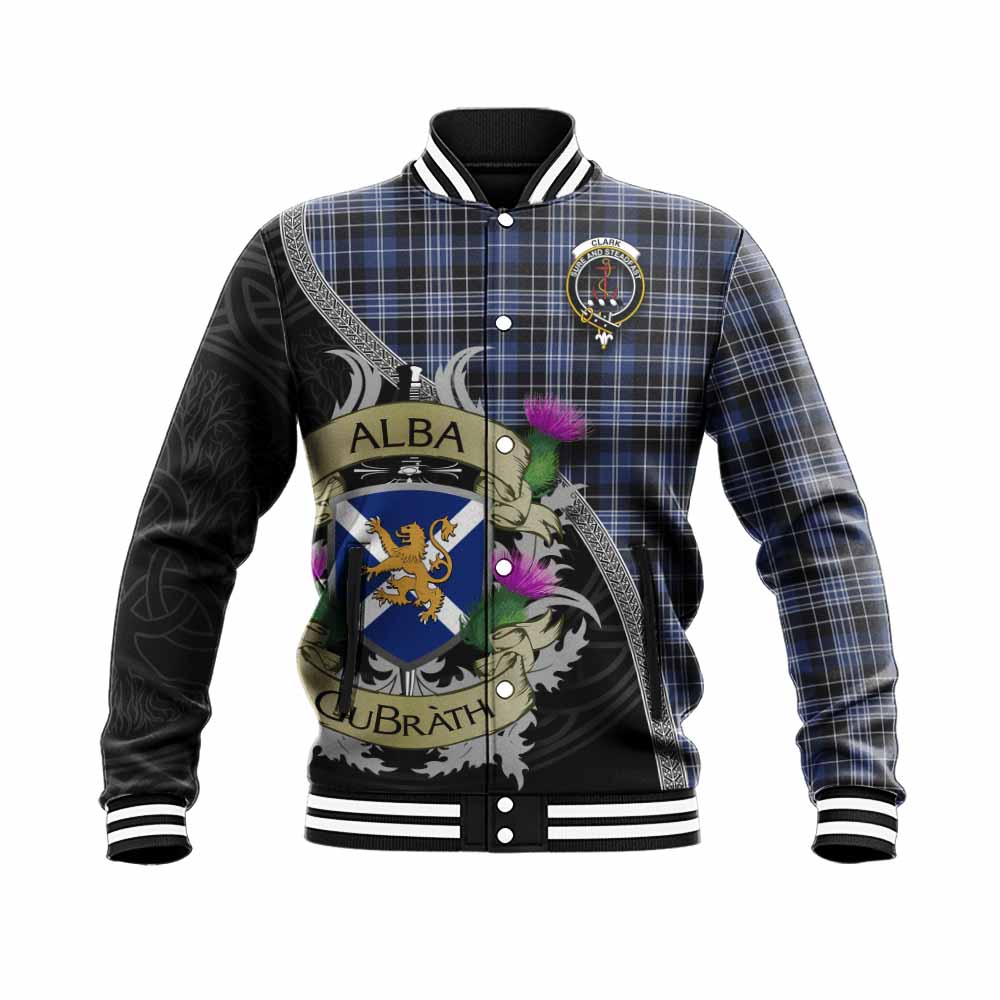 Tartan Vibes Clothing Clark (Clarke) Tartan Family Crest Baseball Jacket Lion Rampant Royal Thistle Shield Celtic Inspired