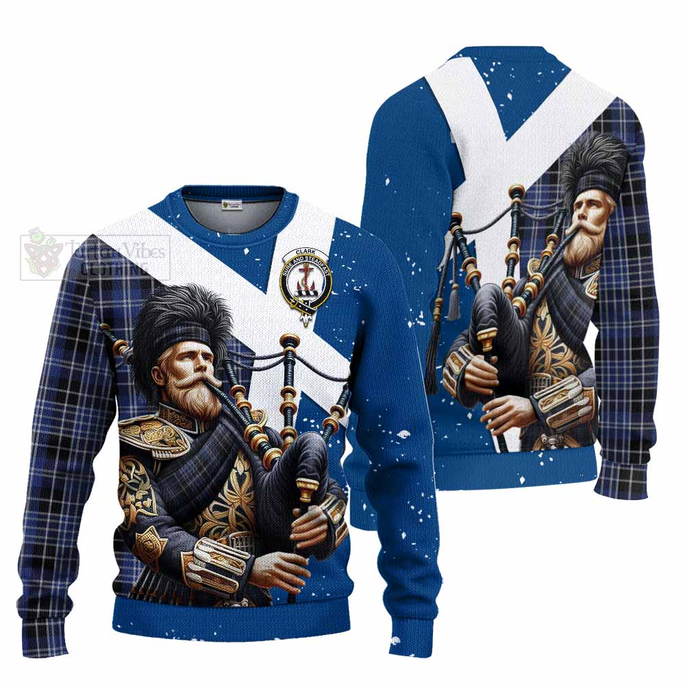 Tartan Vibes Clothing Clark (Clarke) Tartan Knitted Sweater with Family Crest Scottish Bagpiper Vibes