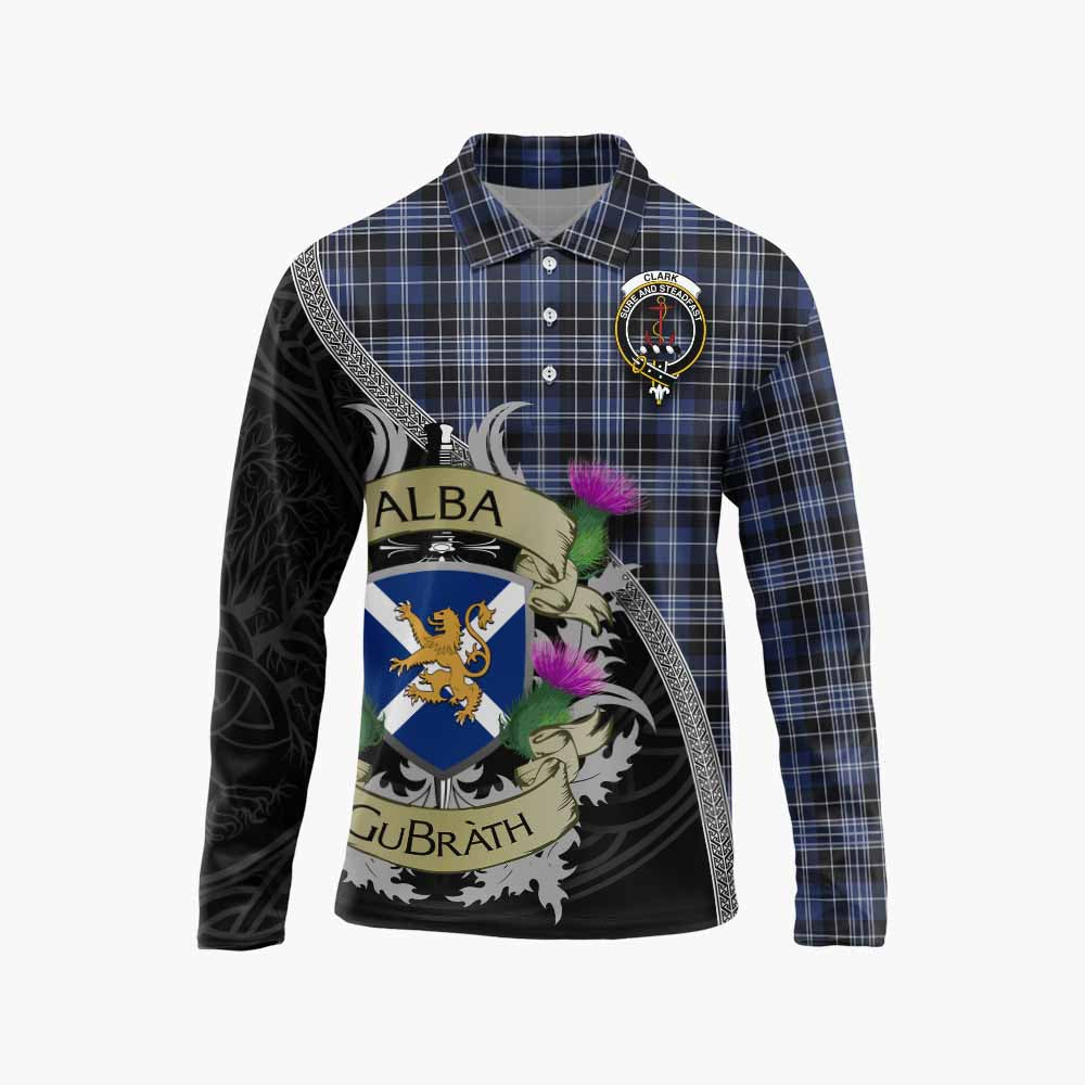 Tartan Vibes Clothing Clark (Clarke) Tartan Family Crest Long Sleeve Polo Shirt Lion Rampant Royal Thistle Shield Celtic Inspired