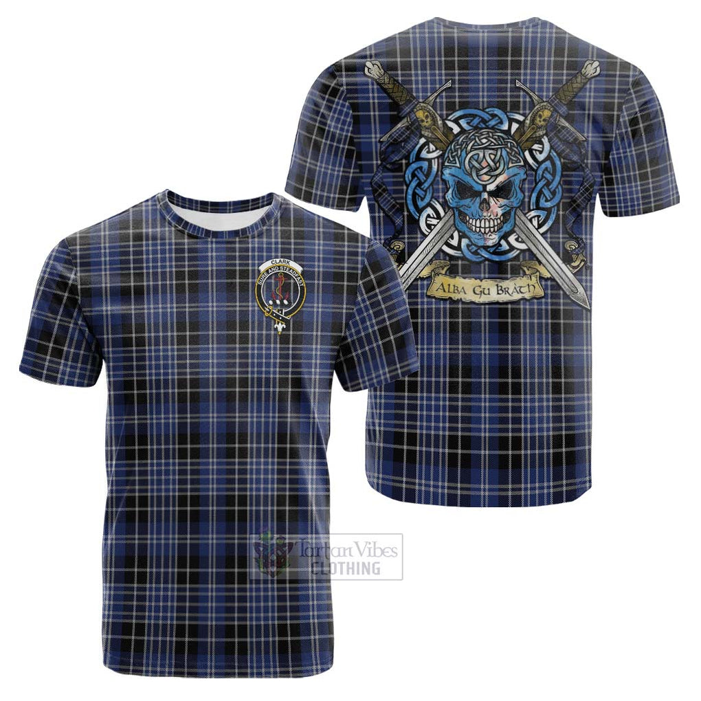 Tartan Vibes Clothing Clark (Clarke) Tartan Cotton T-shirt with Family Crest Celtic Skull Style