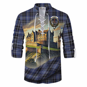 Clark (Clarke) Tartan Family Crest Ghillie Kilt Shirt with Scottish Ancient Castle Style