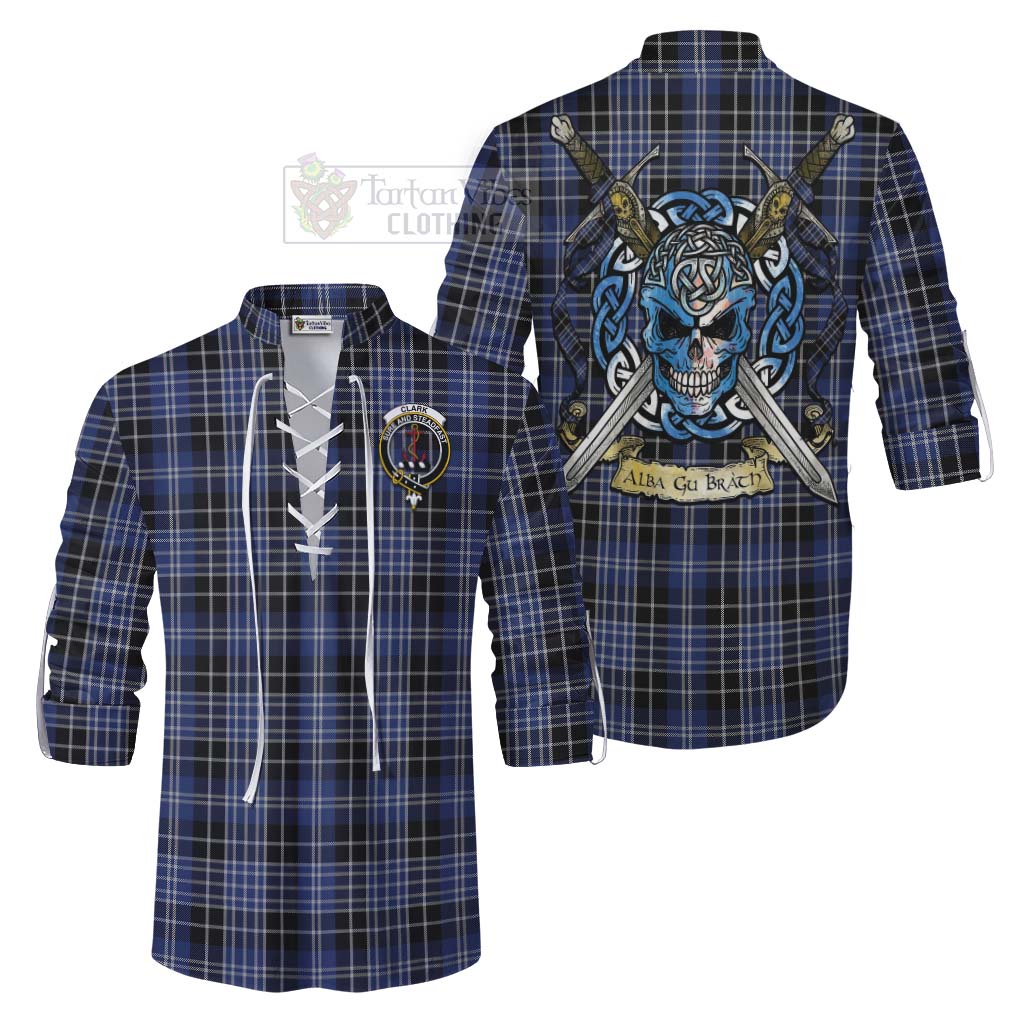 Tartan Vibes Clothing Clark (Clarke) Tartan Ghillie Kilt Shirt with Family Crest Celtic Skull Style