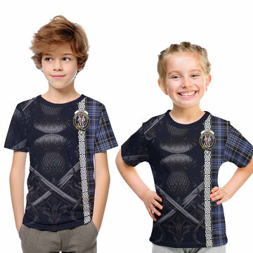 Tartan Vibes Clothing Clark (Clarke) Tartan Kid T-Shirt with Family Crest Cross Sword Thistle Celtic Vibes