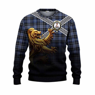 Clark (Clarke) Crest Tartan Knitted Sweater with Golden Lion Emblem Celtic Style