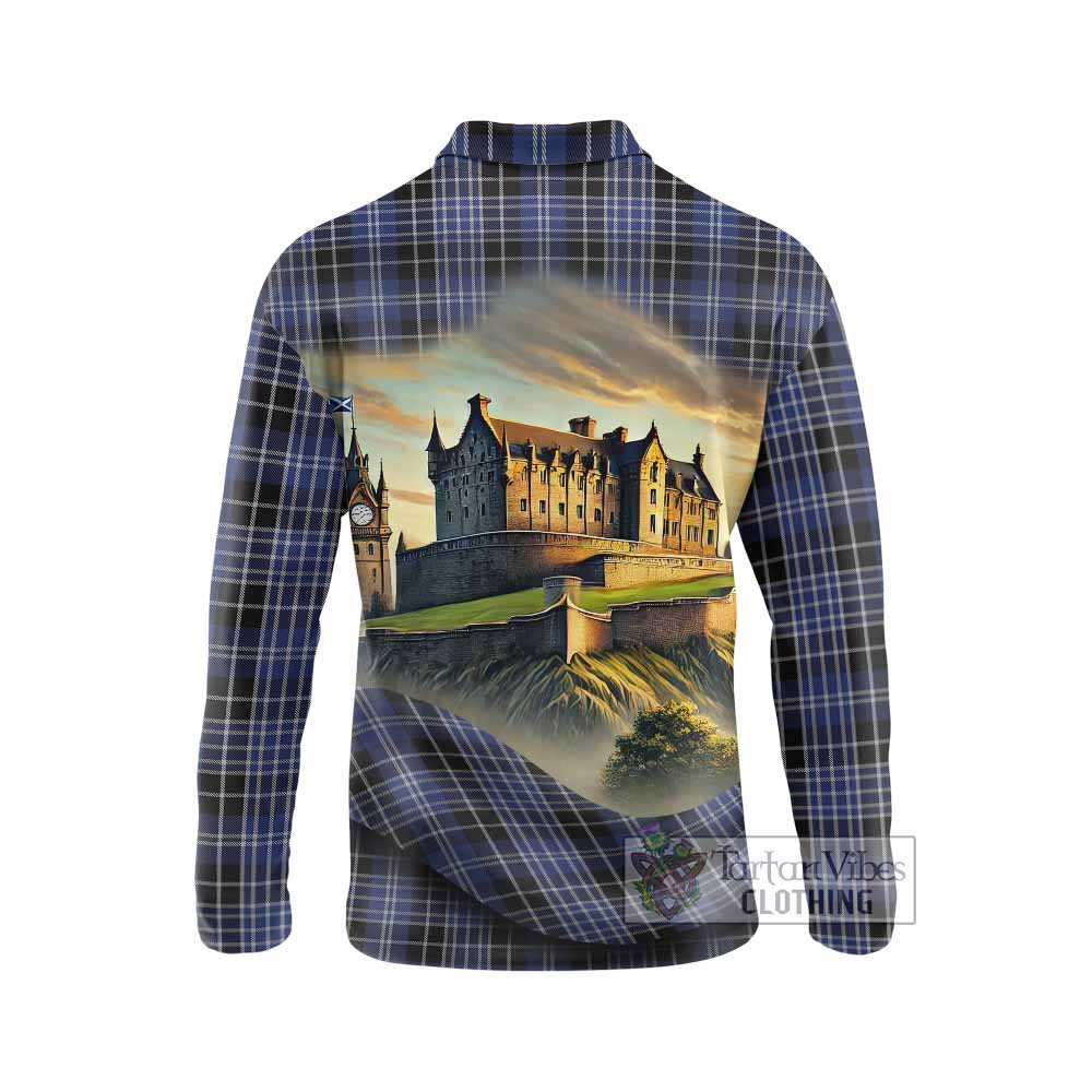 Tartan Vibes Clothing Clark (Clarke) Tartan Family Crest Long Sleeve Polo Shirt with Scottish Ancient Castle Style