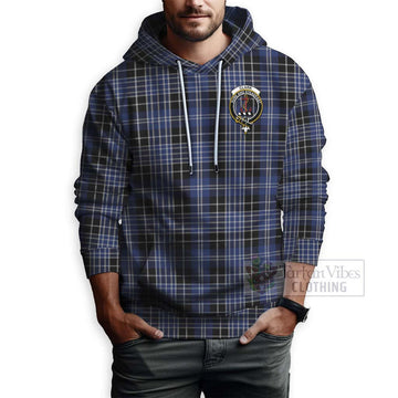 Clark (Clarke) Tartan Hoodie with Family Crest and Bearded Skull Holding Bottles of Whiskey