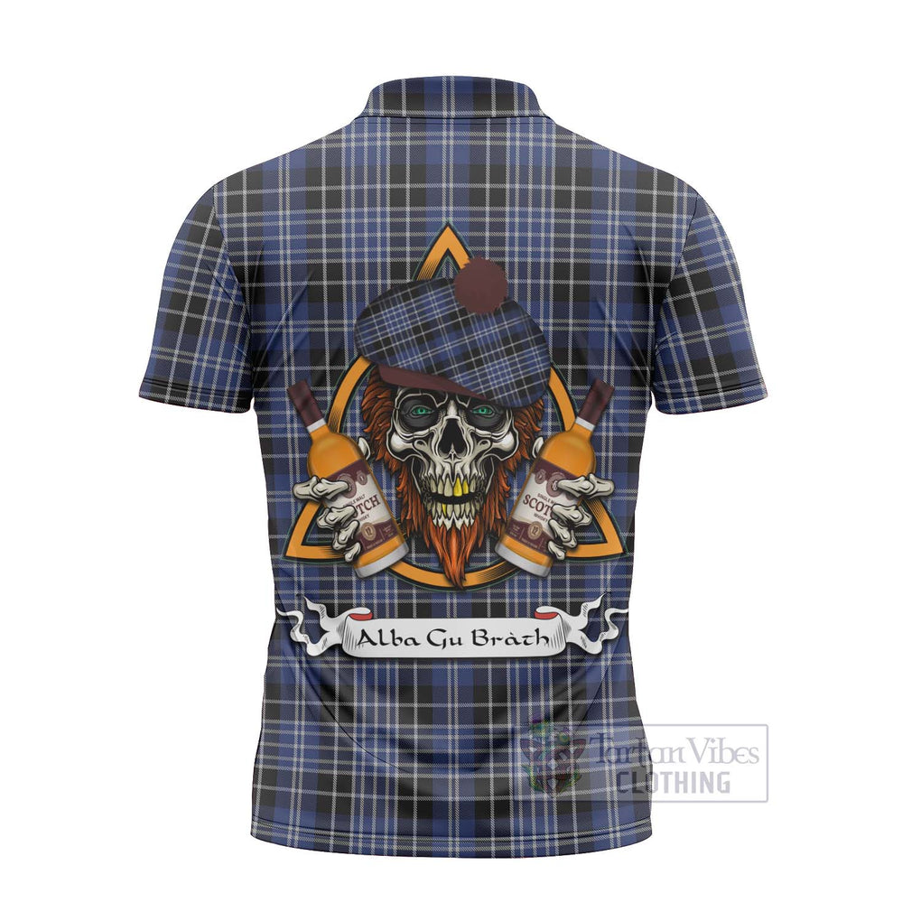 Tartan Vibes Clothing Clark (Clarke) Tartan Zipper Polo Shirt with Family Crest and Bearded Skull Holding Bottles of Whiskey