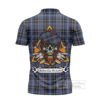 Tartan Vibes Clothing Clark (Clarke) Tartan Zipper Polo Shirt with Family Crest and Bearded Skull Holding Bottles of Whiskey