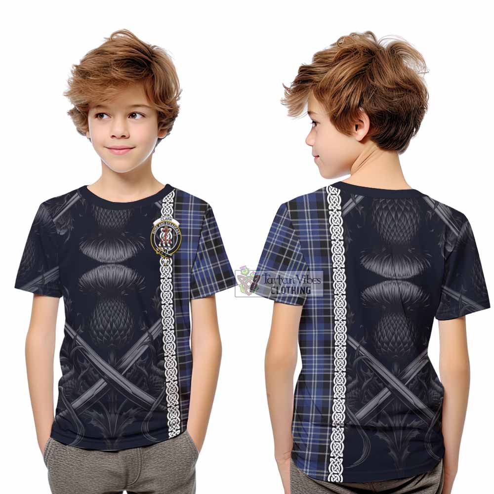 Tartan Vibes Clothing Clark (Clarke) Tartan Kid T-Shirt with Family Crest Cross Sword Thistle Celtic Vibes