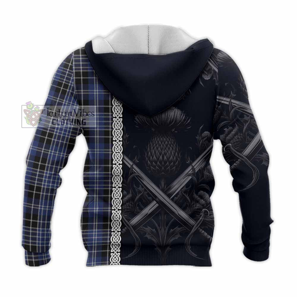 Tartan Vibes Clothing Clark (Clarke) Tartan Knitted Hoodie with Family Crest Cross Sword Thistle Celtic Vibes