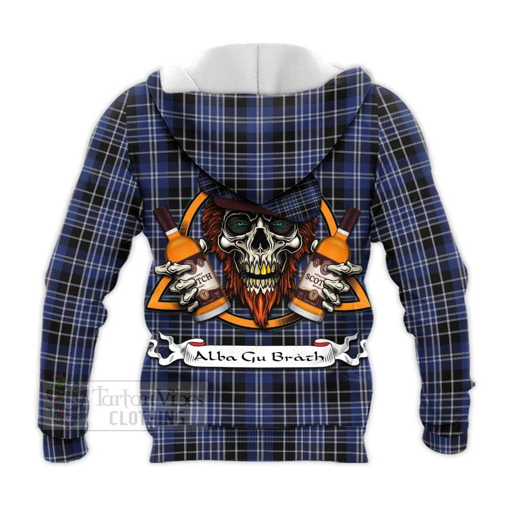 Tartan Vibes Clothing Clark (Clarke) Tartan Knitted Hoodie with Family Crest and Bearded Skull Holding Bottles of Whiskey
