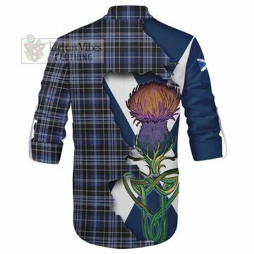 Clark (Clarke) Tartan Family Crest Ghillie Kilt Shirt Scottish Thistle Celtic Inspired