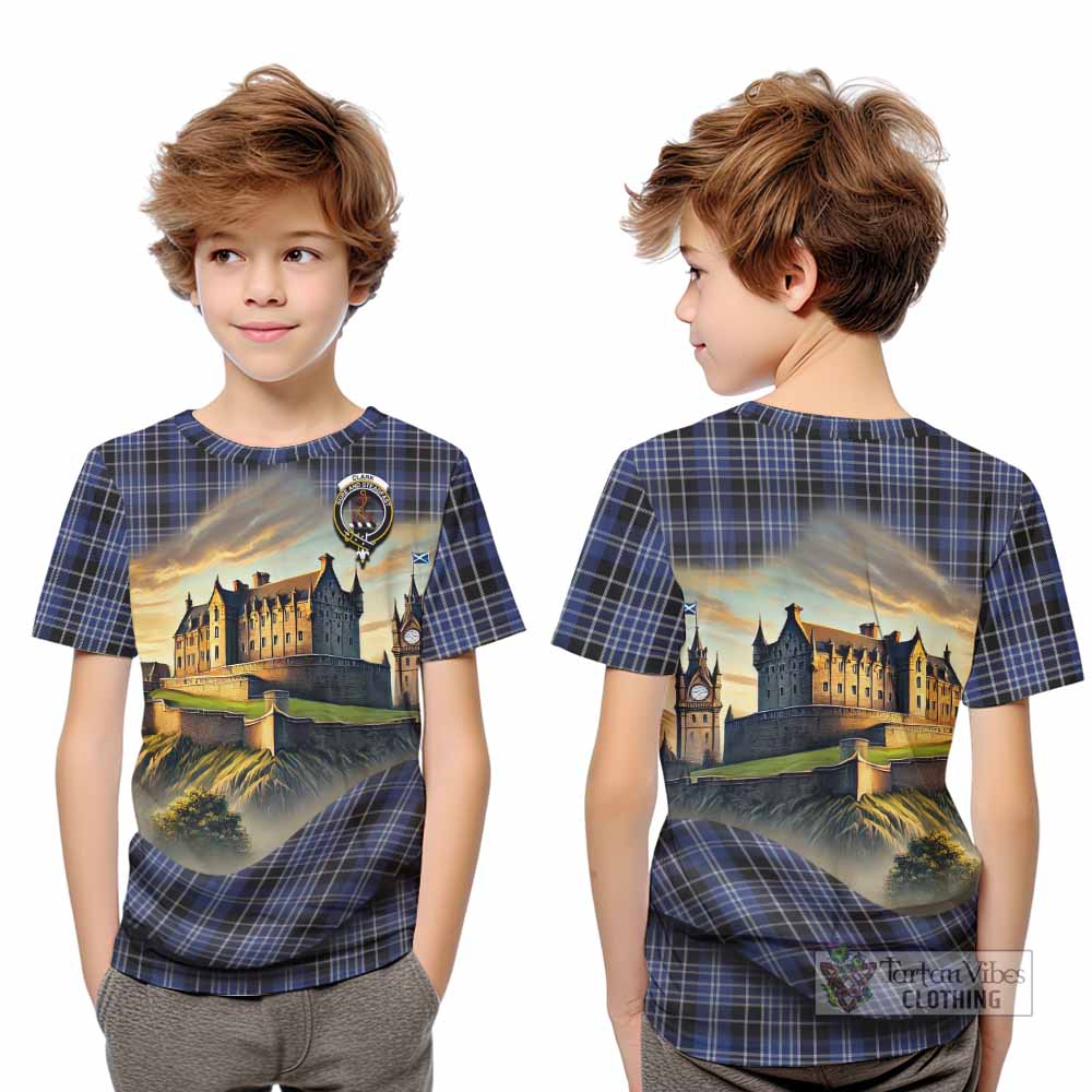 Tartan Vibes Clothing Clark (Clarke) Tartan Family Crest Kid T-Shirt with Scottish Ancient Castle Style