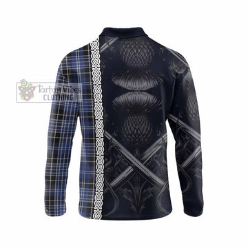 Tartan Vibes Clothing Clark (Clarke) Tartan Long Sleeve Polo Shirt with Family Crest Cross Sword Thistle Celtic Vibes