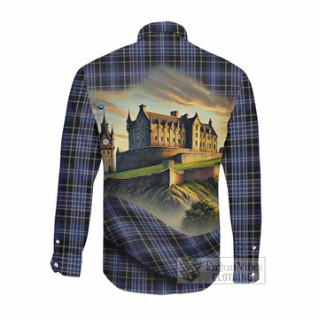 Clark (Clarke) Tartan Family Crest Long Sleeve Button Shirt with Scottish Ancient Castle Style