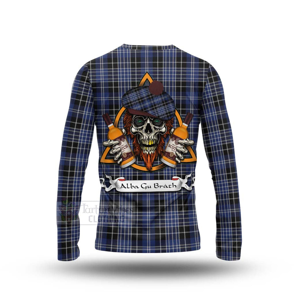 Tartan Vibes Clothing Clark (Clarke) Tartan Long Sleeve T-Shirt with Family Crest and Bearded Skull Holding Bottles of Whiskey