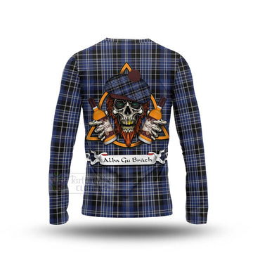 Tartan Vibes Clothing Clark (Clarke) Tartan Long Sleeve T-Shirt with Family Crest and Bearded Skull Holding Bottles of Whiskey