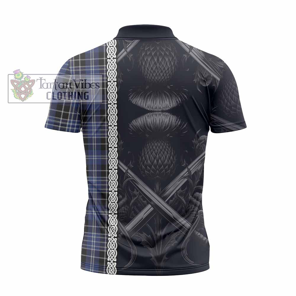 Tartan Vibes Clothing Clark (Clarke) Tartan Zipper Polo Shirt with Family Crest Cross Sword Thistle Celtic Vibes
