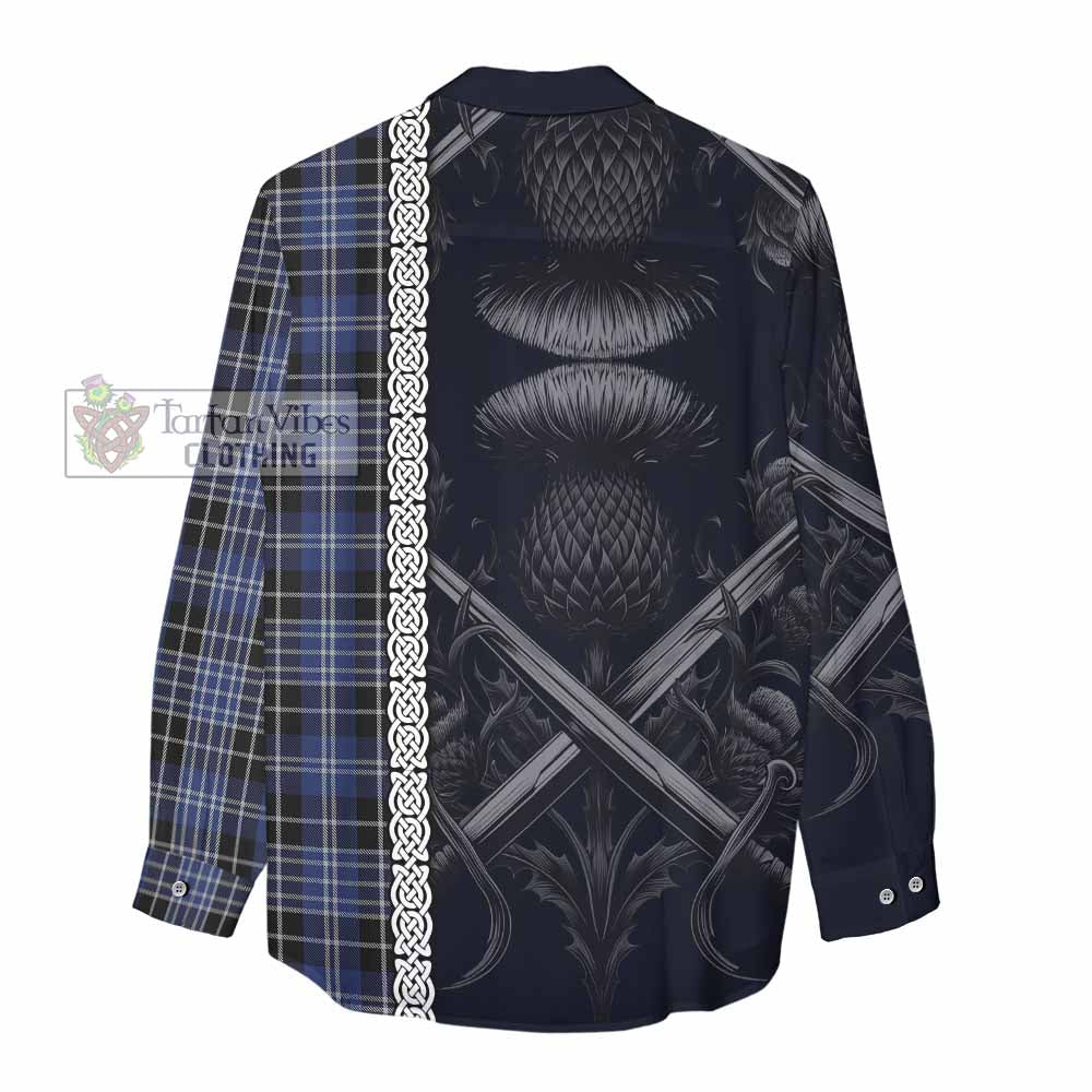 Tartan Vibes Clothing Clark (Clarke) Tartan Women's Casual Shirt with Family Crest Cross Sword Thistle Celtic Vibes
