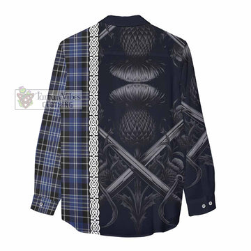 Tartan Vibes Clothing Clark (Clarke) Tartan Women's Casual Shirt with Family Crest Cross Sword Thistle Celtic Vibes