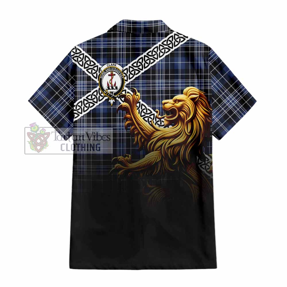 Tartan Vibes Clothing Clark (Clarke) Crest Tartan Short Sleeve Button Shirt with Golden Lion Emblem Celtic Style