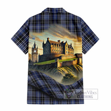 Tartan Vibes Clothing Clark (Clarke) Tartan Family Crest Short Sleeve Button Shirt with Scottish Ancient Castle Style